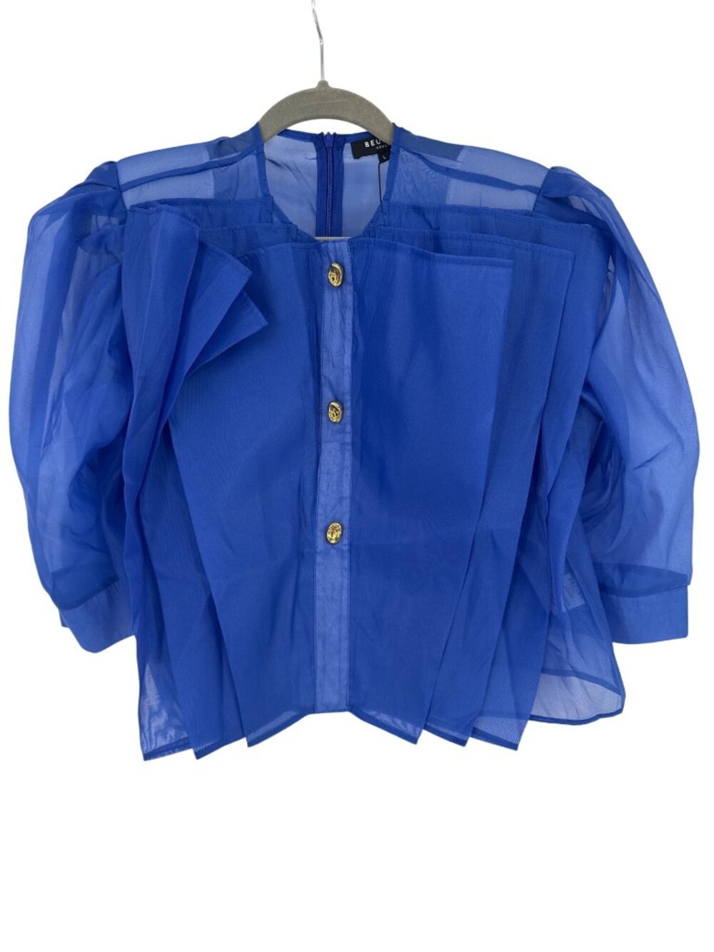 Beulah Style Organza Shirt puff sleeves Sheer large Blue crop new $140